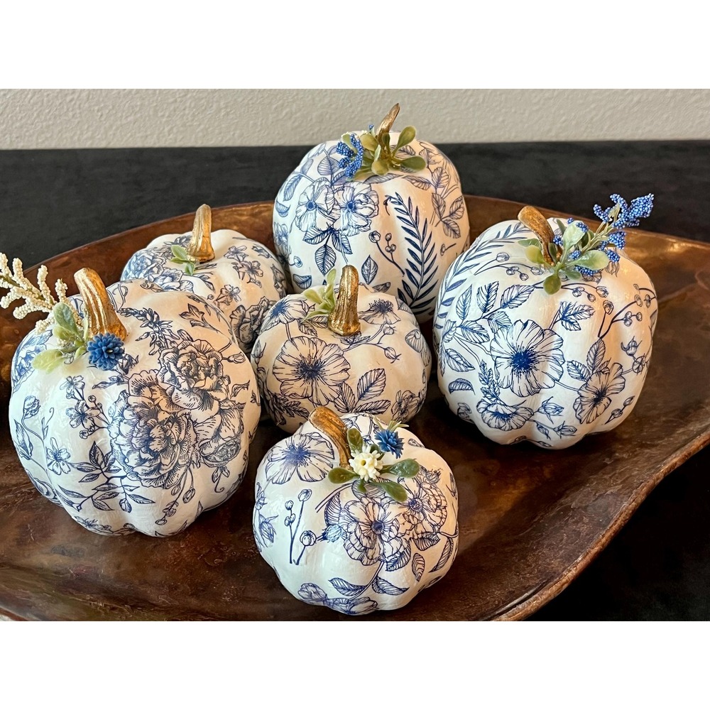 Blue & White Floral Pumpkins Set of 6, Handcrafted Chinoiserie Bowl Filler